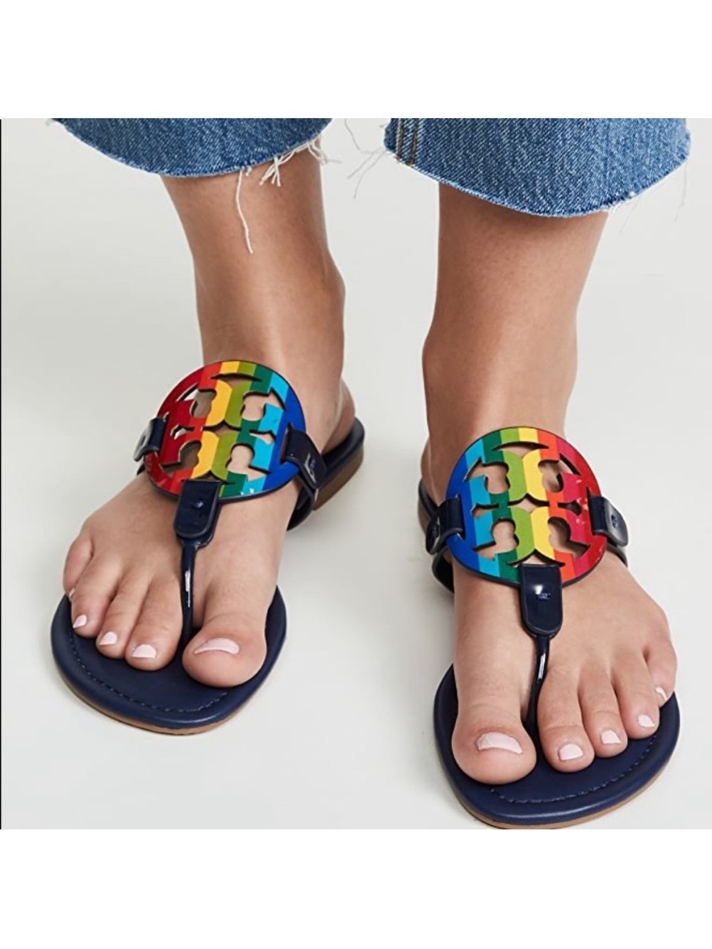 Tory Burch Rainbow Miller Logo Leather Sandals Brand New Modern Resort